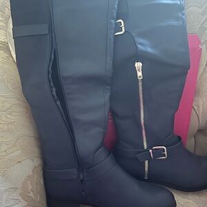 Navy blue Over the Knee Boots with  Silver Buckles